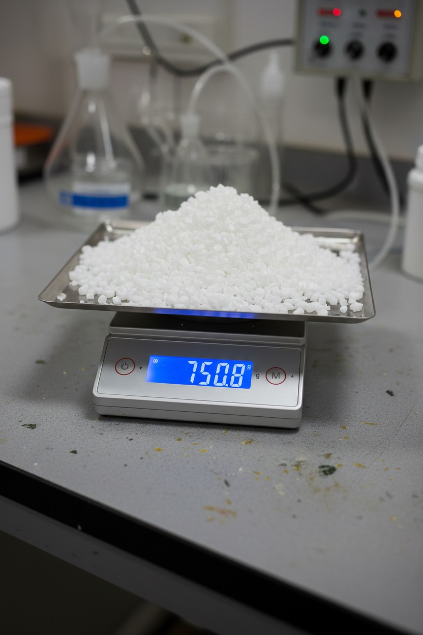 Polímero industrial branco sobre uma mesa sendo pesado com uma balança digital eletrônica